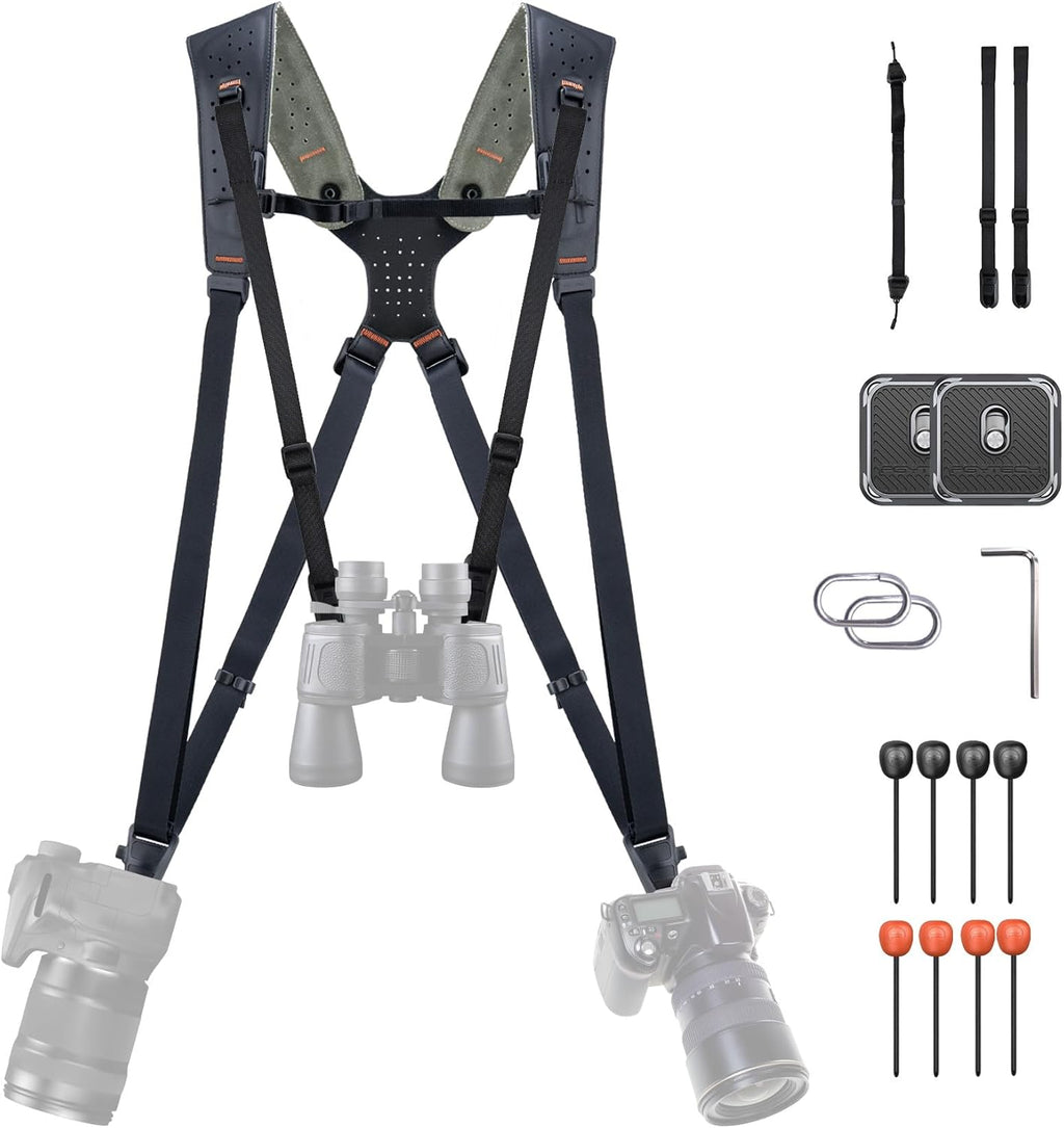 PGYTECH Camera Strap Master, Dual Shoulder Harness for 3 Cameras, 60mm Leather Ergonomic Shoulder Pad, Adjustable Camera Harness for Professional Photographers, DSLR/Mirrorless Camera Straps, Black