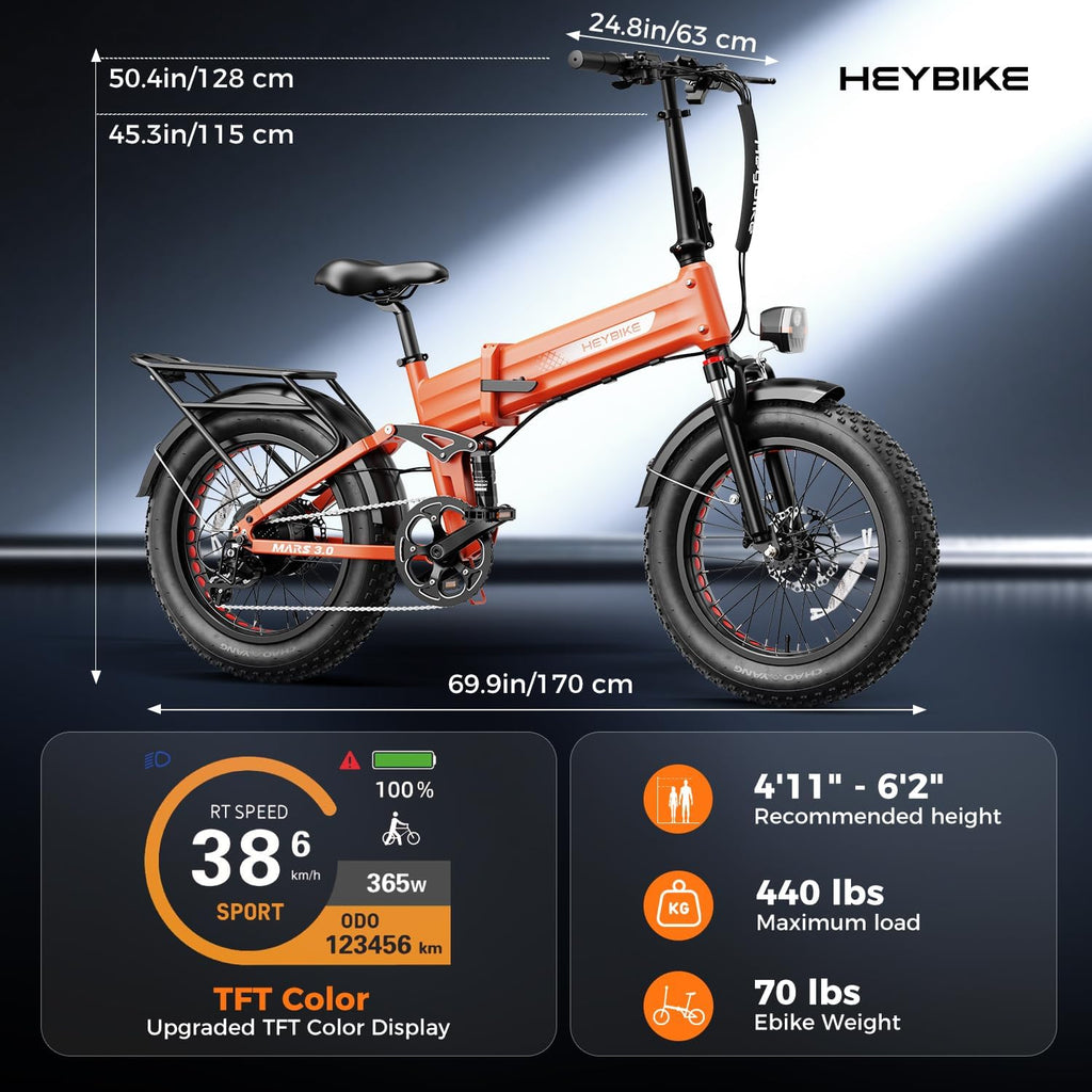 Heybike Mars 2.0/3.0 Foldable Electric Bike, UL2849 Certified, 70+Miles Long Range, 1400W/1800W Peak Motor 32MPH, 624WH Removable Battery, 20'*4 Fat Tire Ebike for Snow, Commute, Full Suspension