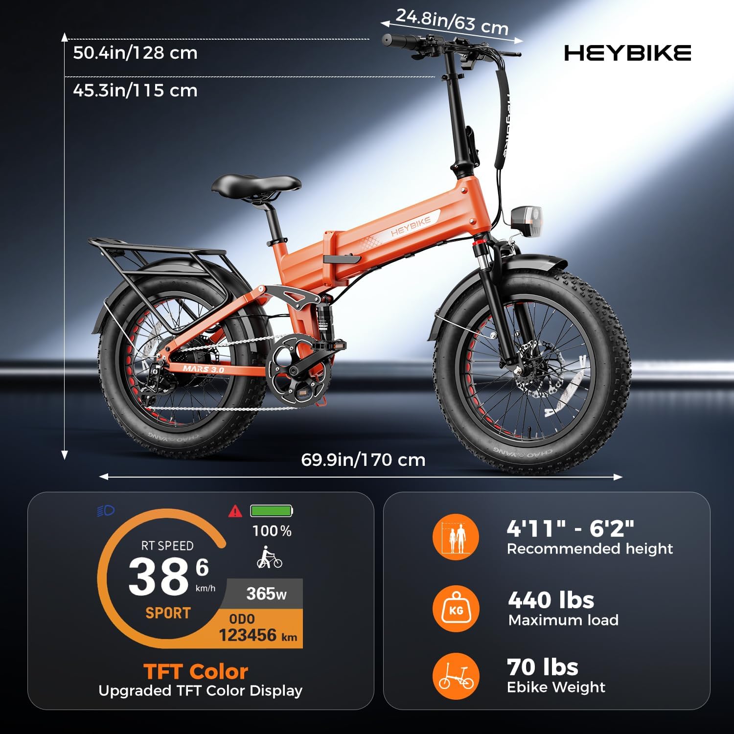 Heybike Mars 2.0/3.0 Foldable Electric Bike, UL2849 Certified, 70+Miles Long Range, 1400W/1800W Peak Motor 32MPH, 624WH Removable Battery, 20'*4 Fat Tire Ebike for Snow, Commute, Full Suspension