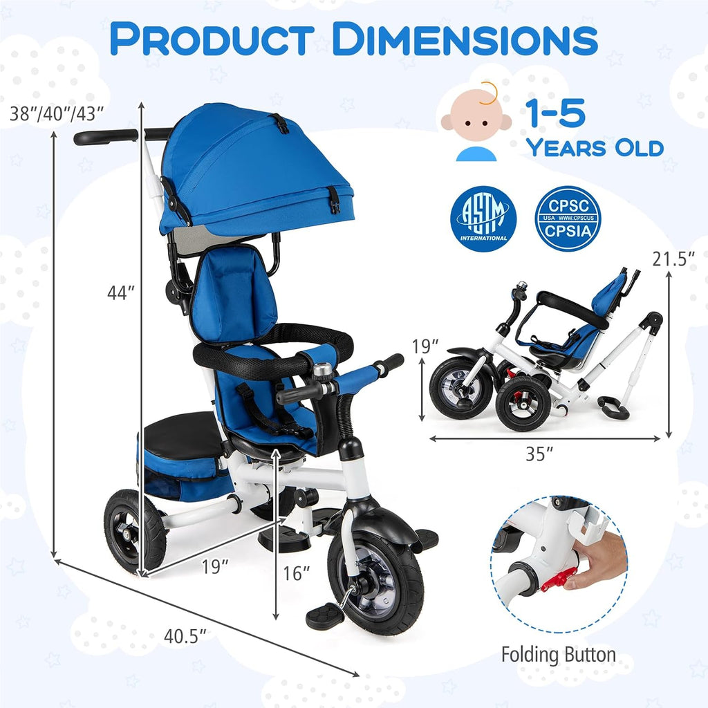 Costzon Tricycle, 5 in 1 Toddler Bike w/Foldable Push Handle, Rotatable Seat, EVA Wheel, Adjustable Canopy, Storage Basket & Bell, Trike for Kids 1-5 Years Old (Blue)