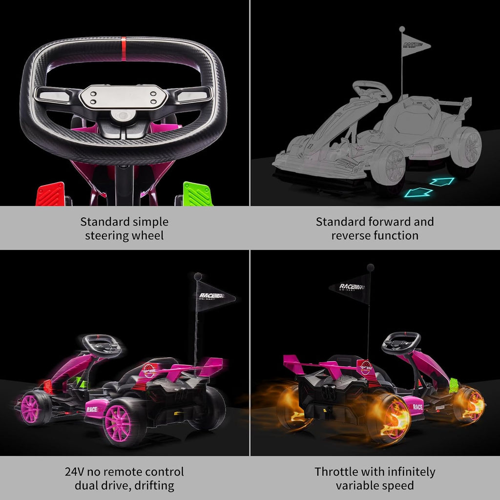 GarveeLife 24V Electric Drift Kart for Kids, Ride Car with Adjustable Seat & 8.5MPH Speed, EVA Silent Wheels, Parent-Safety Certified Ride-On Toy