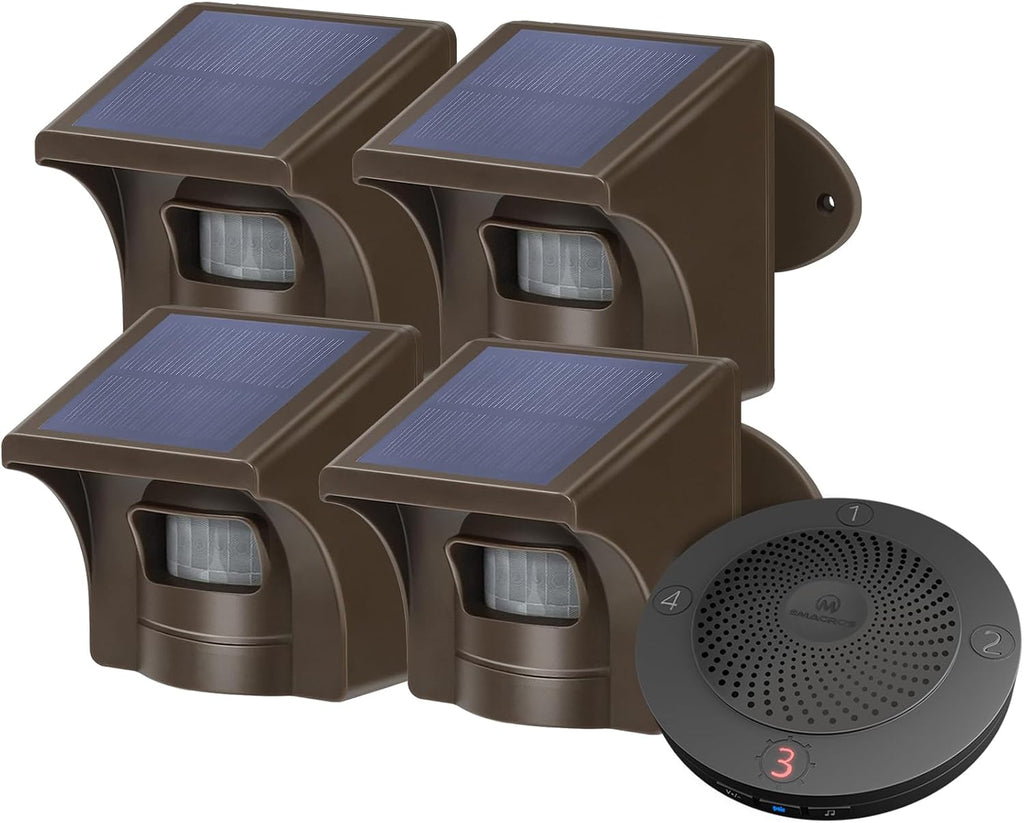 eMACROS Solar Wireless Driveway Alarm System (1/2 Mile Range, 1 Receiver & 4 Solar Sensors) - Weatherproof Outdoor Motion Detector for Farm, Long Driveway & Property Security