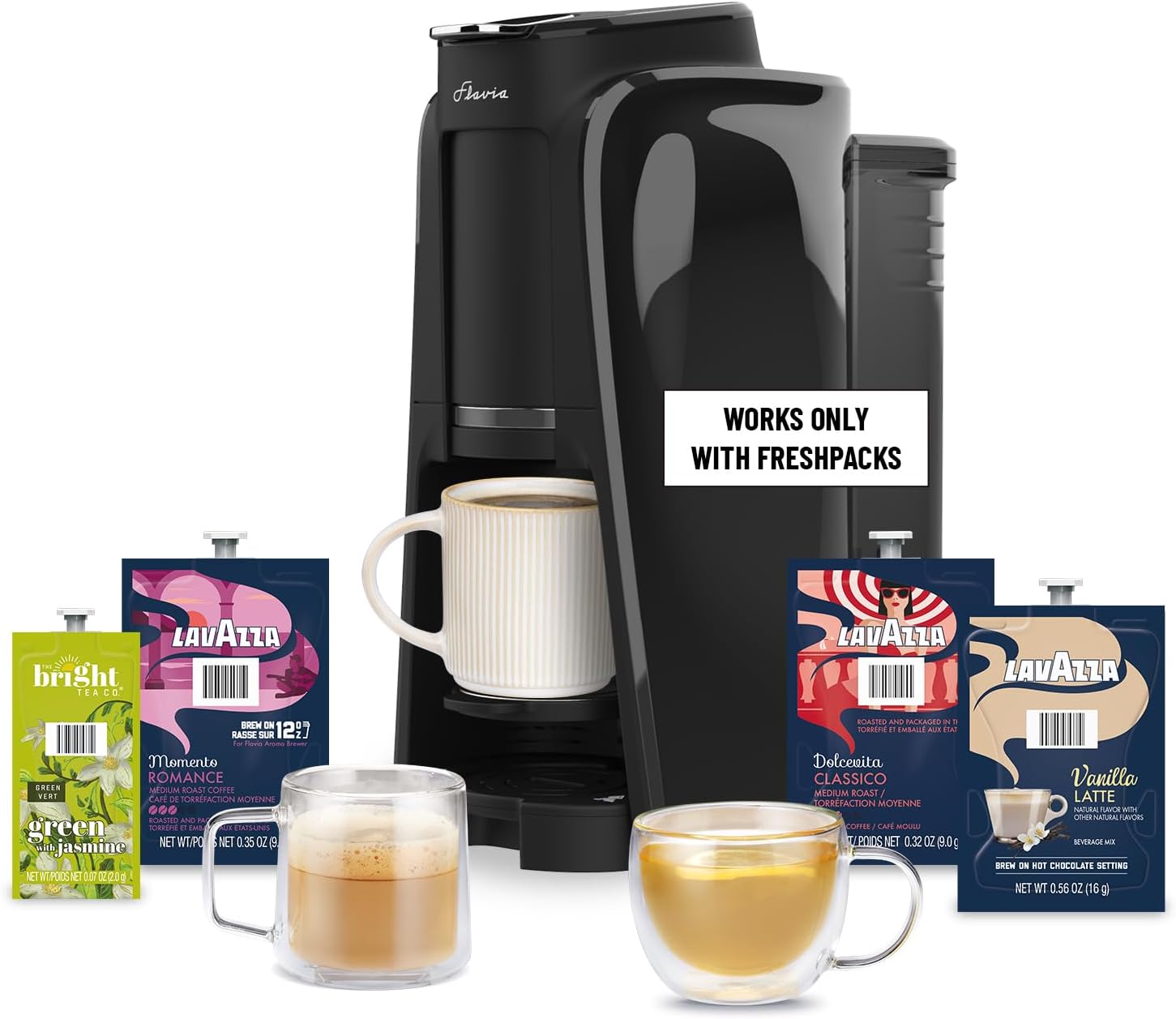 Flavia Aroma Brewer Bundle with 84 Freshpacks and 1 Merchandiser - Coffee Machine, Makes Coffee, Lattes, Tea, and other Hot or Iced Beverages, Multiple Brew Sizes, Black, Works ONLY with Freshpacks