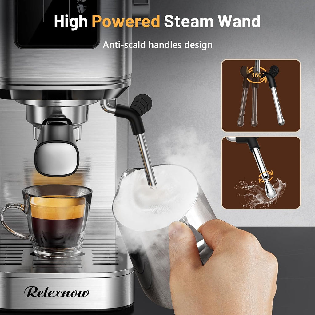 RELEXNOW Espresso Machine, 20 Bar Professional Espresso Coffee Maker with Milk Frother Steam Wand, Hot & Iced Coffee Machine, Compact Stainless Steel Coffee Machine for Cappuccino,Latte,Cold Brew