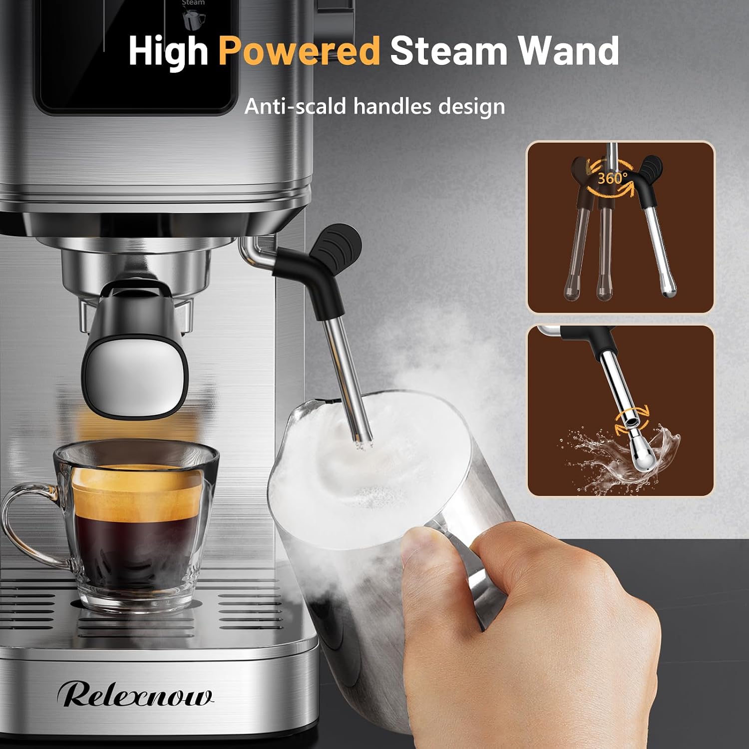 RELEXNOW Espresso Machine, 20 Bar Professional Espresso Coffee Maker with Milk Frother Steam Wand, Hot & Iced Coffee Machine, Compact Stainless Steel Coffee Machine for Cappuccino,Latte,Cold Brew