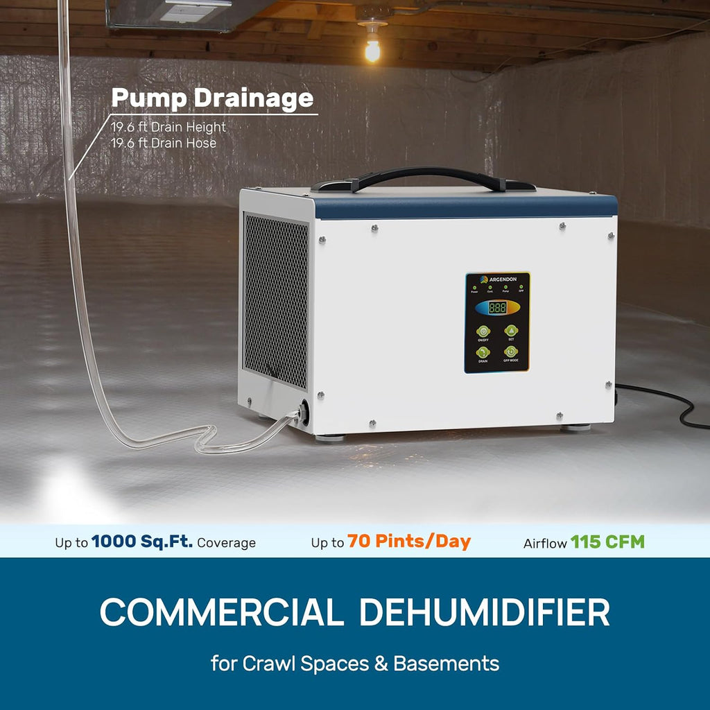 ARGENDON Crawl Space Dehumidifier with Pump, 70 Pint Commercial Dehumidifier for Basement, Whole House, Drain Hose, Auto Defrost, Memory Starting, Compact, 5 Years Limited Warranty