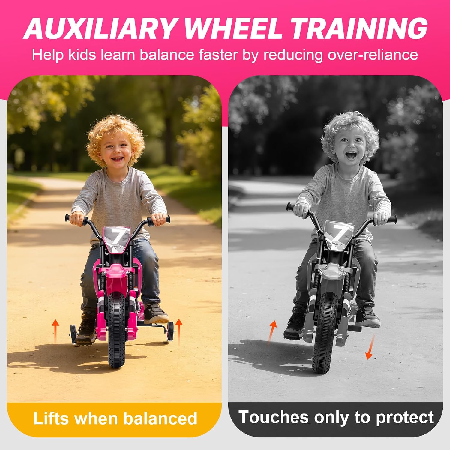 12V Kids Motorcycle w/Treaded Tires, 3.1mph Top Speed Electric Bike for Kids, Training Wheels, Music & Bluetooth, Spring Suspension, Age 3-8 Year Old, Pink