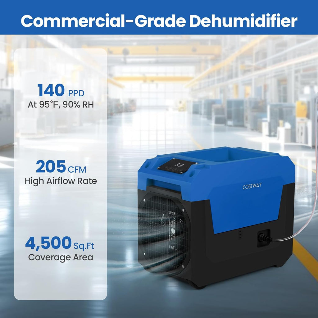 COSTWAY 140 Pints Commercial Dehumidifier with Pump, Portable Industrial Dehumidifier with Drain Hose for Basements, Job Sites, Water Damage Restoration (Blue)