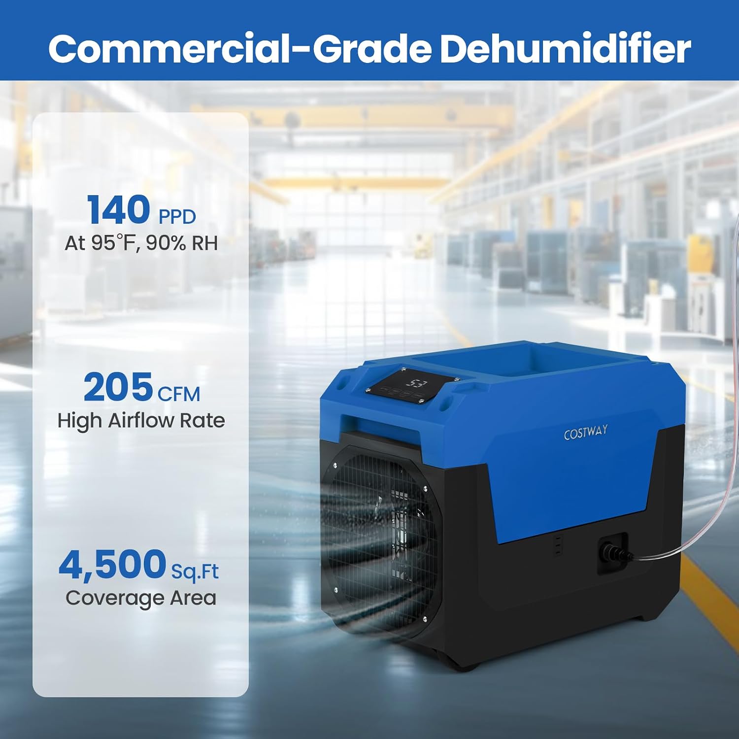 COSTWAY 140 Pints Commercial Dehumidifier with Pump, Portable Industrial Dehumidifier with Drain Hose for Basements, Job Sites, Water Damage Restoration (Blue)