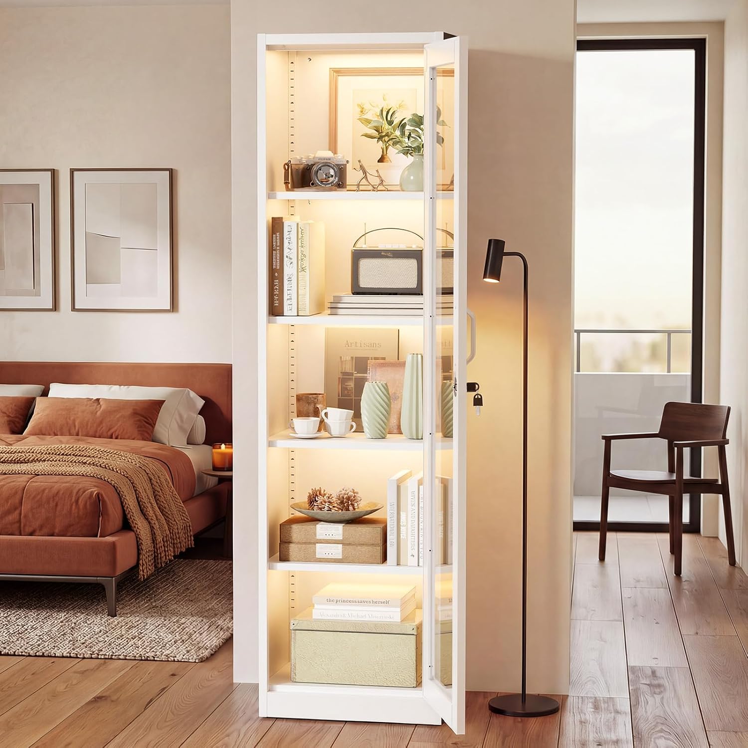 VINGLI Lockable Display Cabinet with Glass Door & 4 Adjustable Shelves, 65' Tall Metal Storage Cabinet Curio Liquor, Bookshelf Bookcase for Home Office Living Room Pantry Garage (White)