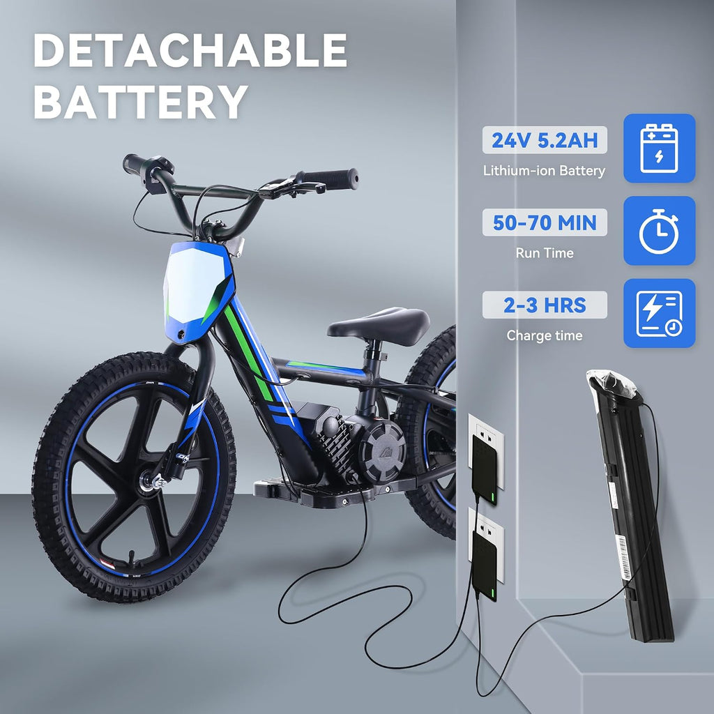 Lightweight Electric Dirt Bike for Kids, 340W Racing Electric Motorcycle, 24V Detachable Battery, Brushless Motor, Safe 3 Speed Modes, Mini Motocross Bike 16' Off Road Tires, Fit Age 5-12 Blue