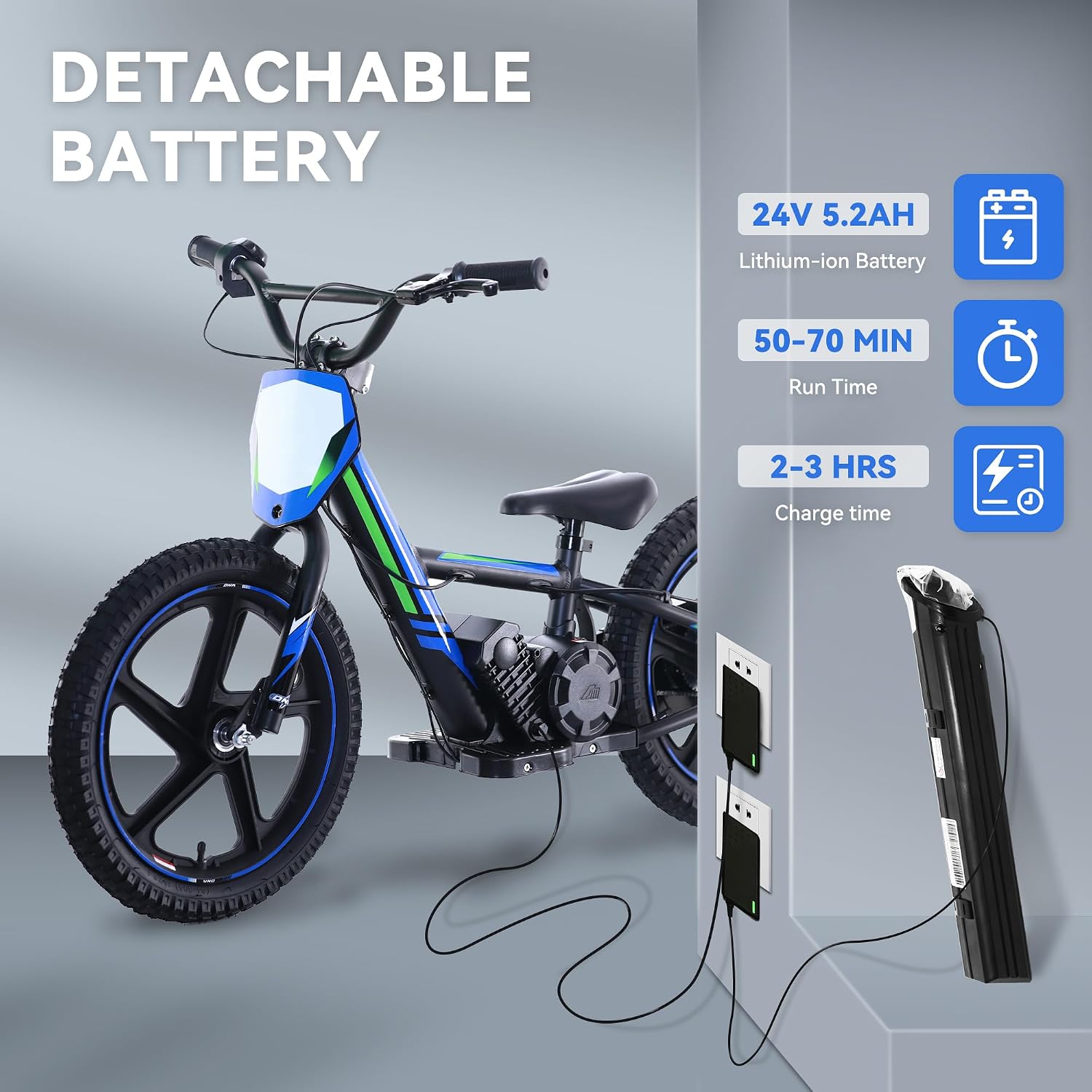 Lightweight Electric Dirt Bike for Kids, 340W Racing Electric Motorcycle, 24V Detachable Battery, Brushless Motor, Safe 3 Speed Modes, Mini Motocross Bike 16' Off Road Tires, Fit Age 5-12 Blue