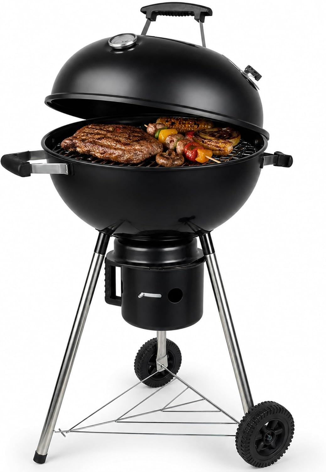 18 Inch Charcoal Grill with Lid & Ash Catcher, Kettle BBQ Grill for Backyard & Patio, Easy Temperature Control, Family Grill for 4–6 People