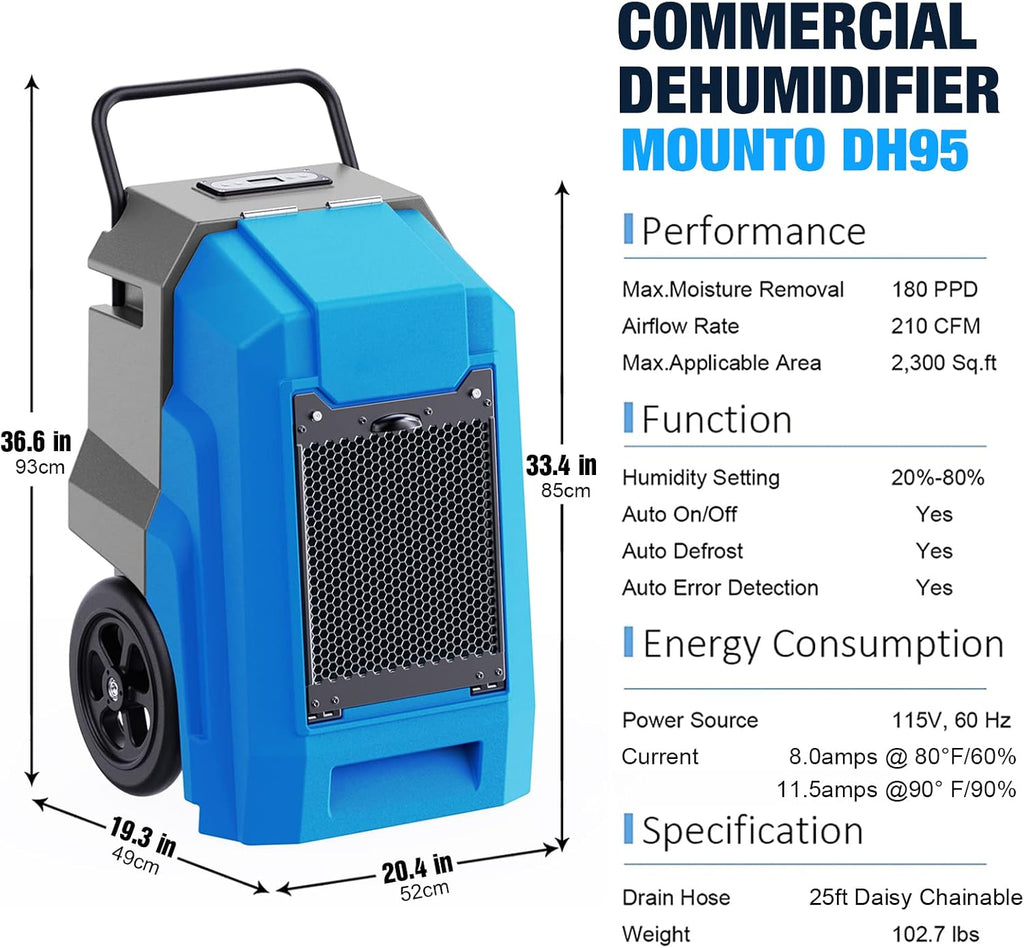 MOUNTO 180Pints Commercial Dehumidifier with Pump and Drain Hose, LGR Portable Dehumidifier with wheels for Home, Basements, Garages, and Job Sites.