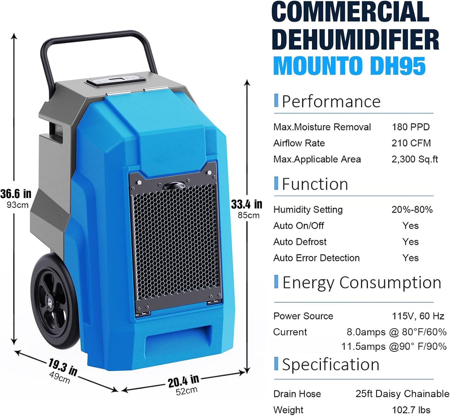 MOUNTO 180Pints Commercial Dehumidifier with Pump and Drain Hose, LGR Portable Dehumidifier with wheels for Home, Basements, Garages, and Job Sites.