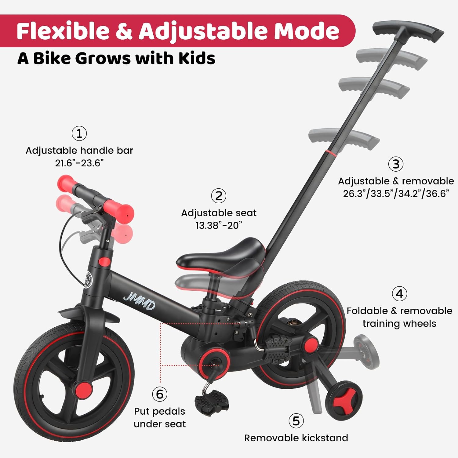 JMMD 6 in 1 Toddler Bike with Push Handle for Kids 18-60 Months, 12' Foldable Balance Bike with Training Wheels, Pedals, Brakes, Kickstand, Push Tricycle Toddler Gift & Toys for Boy & Girl