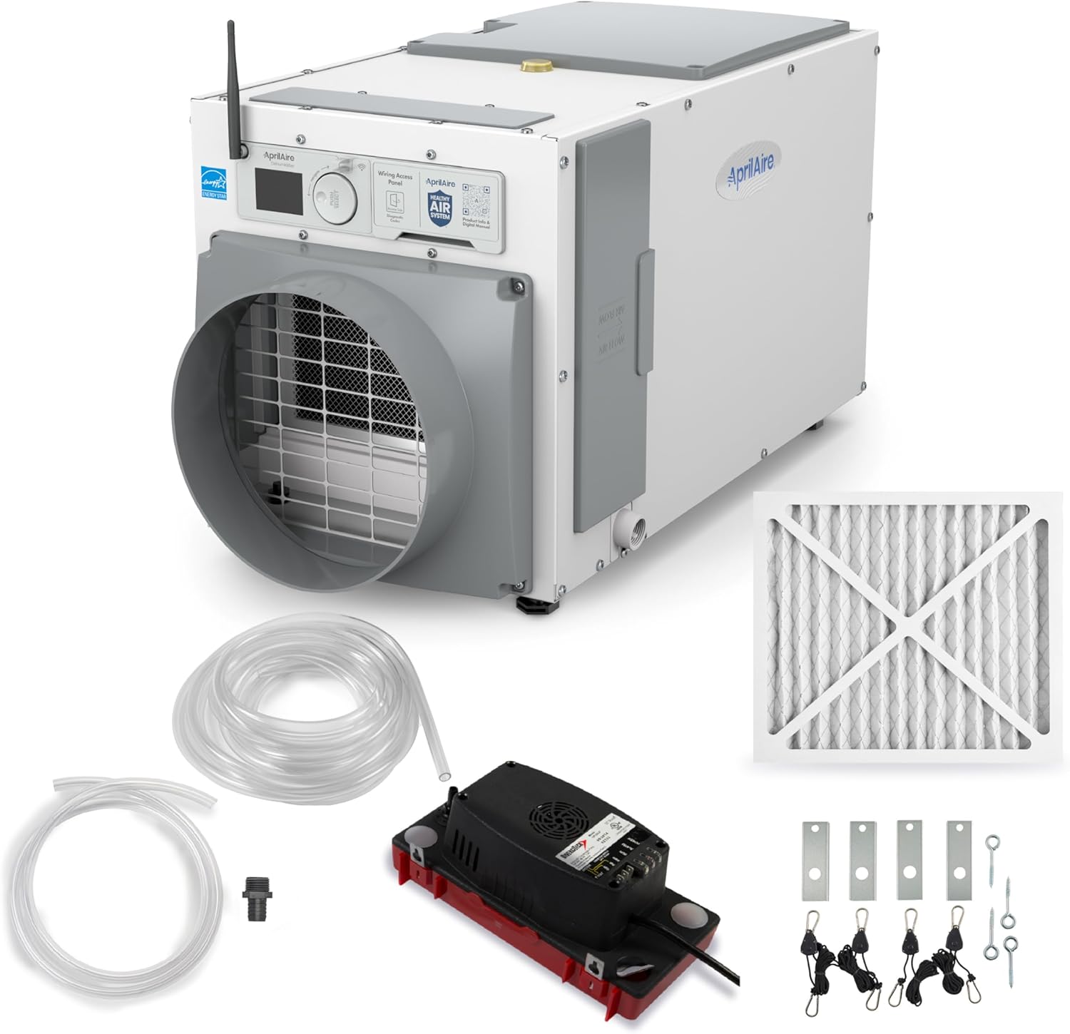 AprilAire E080W Smart Wi-Fi Whole-House Dehumidifier, 80-Pint Energy Star Commercial Dehumidifier for Basement, Crawl Space & Home up to 4,400 Sq.Ft. with Pump, Drain Hose, Hanging Kit, MERV 11 Filter