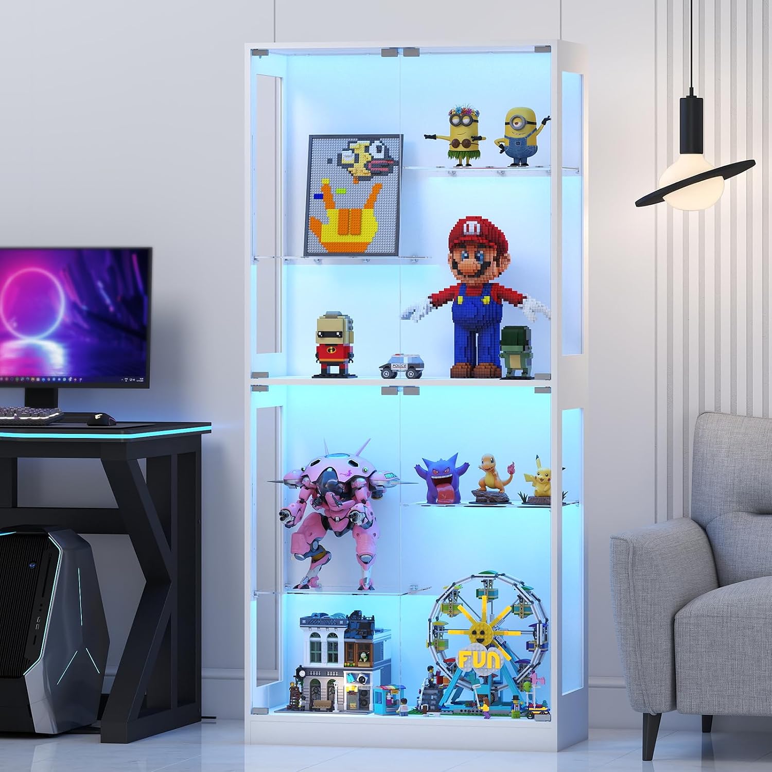 Lamtor 69-Inch Glass Display Cabinet - Adjustable Shelves Display Case, Curio Cabinet with RGB Lighting, for Game Room, Living Room, Bedroom, White