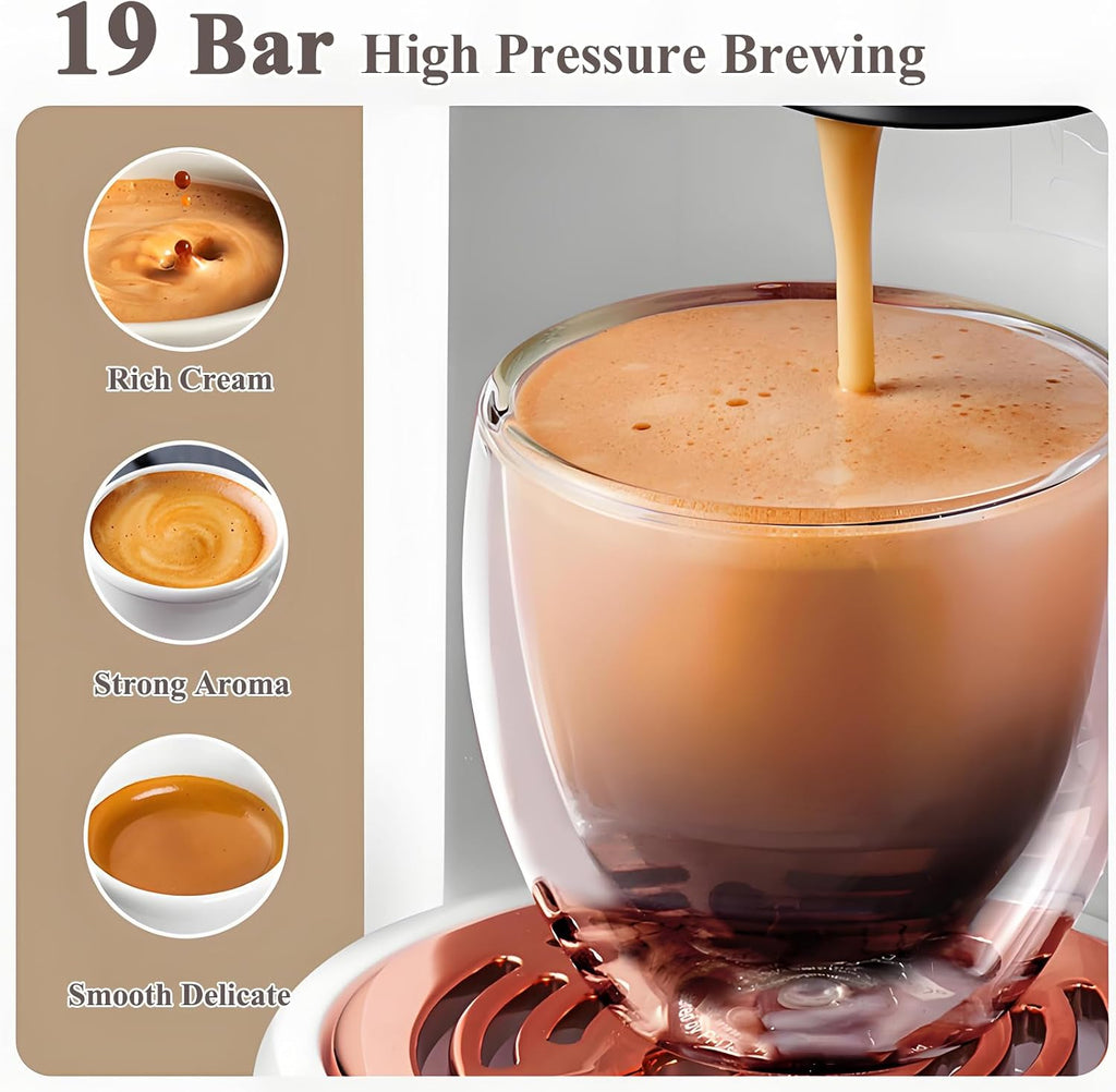 4-in-1 Pods Coffee Maker 19Bar, Compact Design Fast Brew Hot/Cold Single Serve Espresso Machine for K Cup Pods,Nes Original/DG Capsule and Ground Coffee at Home or Office (Black)