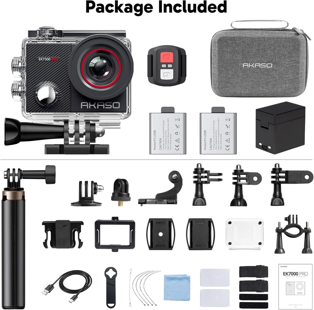 AKASO EK7000 Pro 4K30fps 20MP Action Camera EIS Ultra HD 131FT Waterproof Underwater Camera with Mini Selfie Stick Tripod and Carrying Case Helmet Accessories Kit Bundle