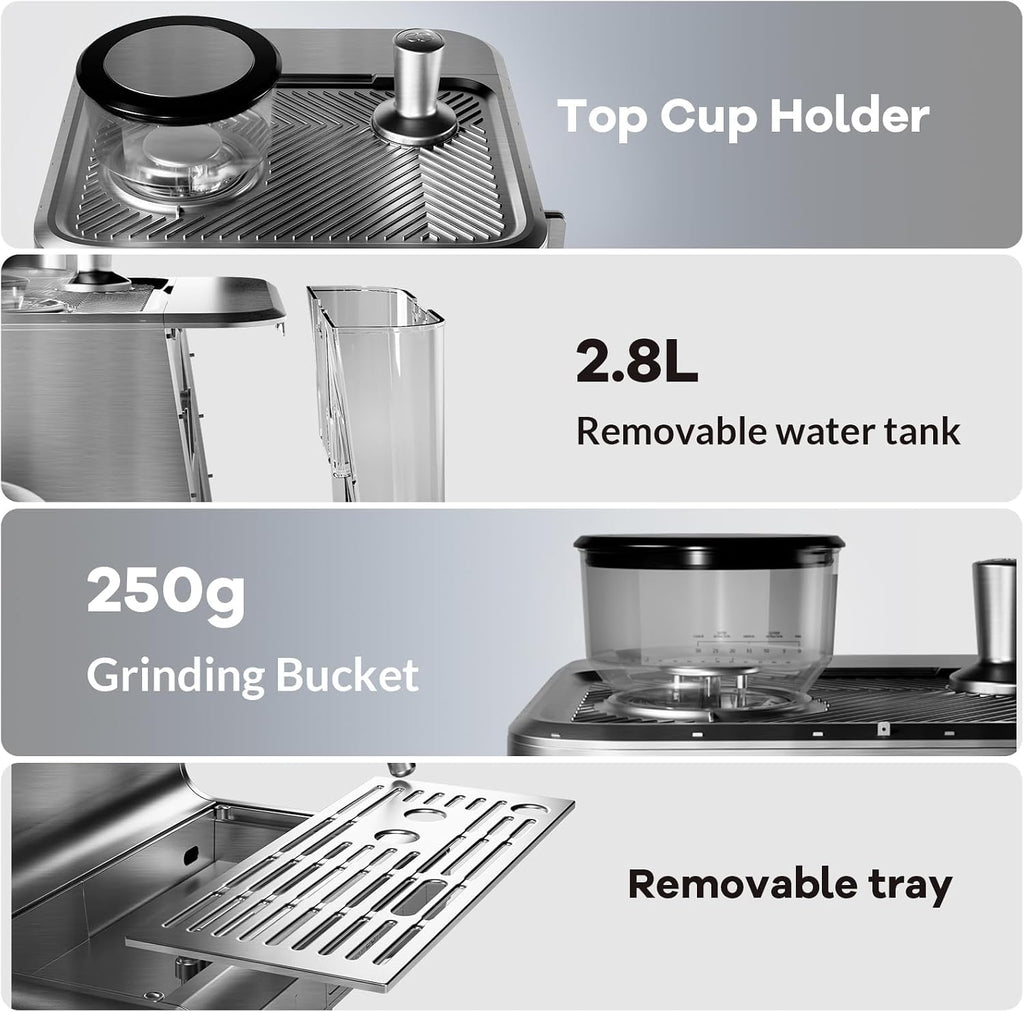 20 Bar Espresso Machine with Grinder & Milk Frother Steam Wand, 96 oz Removable Water Tank, Expresso Coffee Machines Commercial Espresso Maker for Home or Café, latte, Cappuccino - Stainless Steel