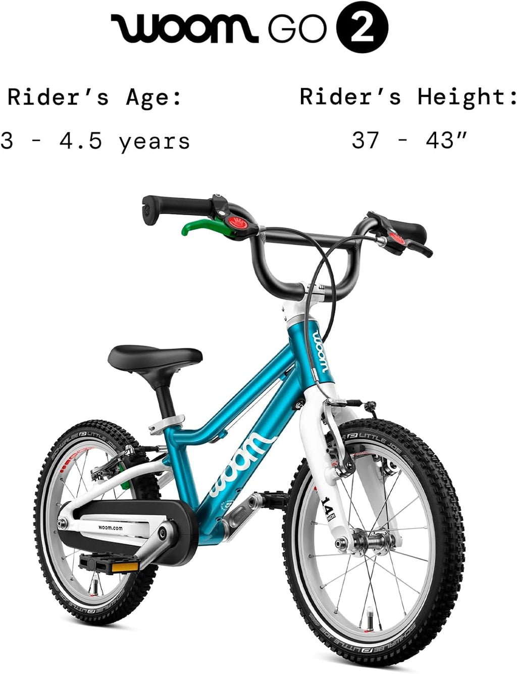 woom GO 2 Bicycle for Children 3 to 4.5 Years Old, 14-Inch Lightweight Bike with Handbrake, Steering Limiter & Chainguard for Boys & Girls