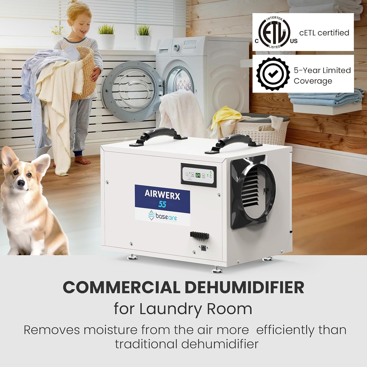 BaseAire Crawlspace Dehumidifier,113 Pints Commercial Dehumidifiers with Drain Hose for Whole House Basement, Industry, Compact, Auto Defrost, Memory Starting, Up to 1200 Sq Ft
