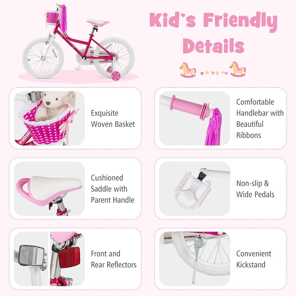 BABY JOY Girls Bike, 12' 14' 16' 18' Kids Bike for 3-8 Years Old with Training Wheels, Adjustable Seat & Handlebar, Handbrake & Coaster Brake, Children Bicycle