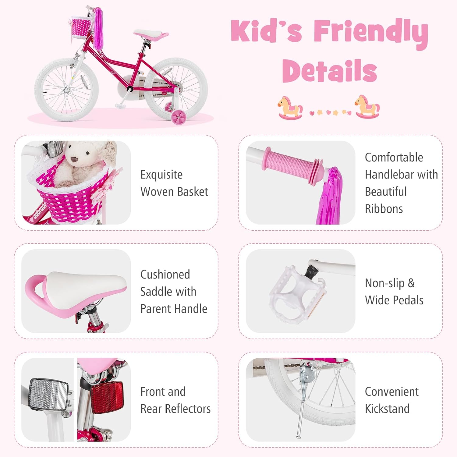 BABY JOY Girls Bike, 12' 14' 16' 18' Kids Bike for 3-8 Years Old with Training Wheels, Adjustable Seat & Handlebar, Handbrake & Coaster Brake, Children Bicycle