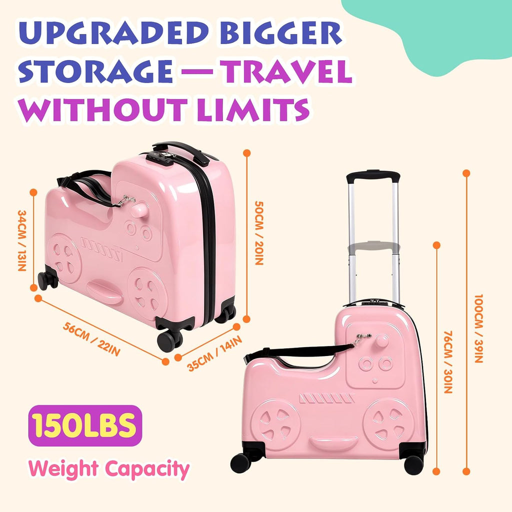 smilesun 22' Kids Ride-On Suitcase with Safety Strap, Multifunctional Kids' Luggage with Double Spinner Wheels, Durable and Lightweight for Boys and Girls Ages 2-10（Pink）