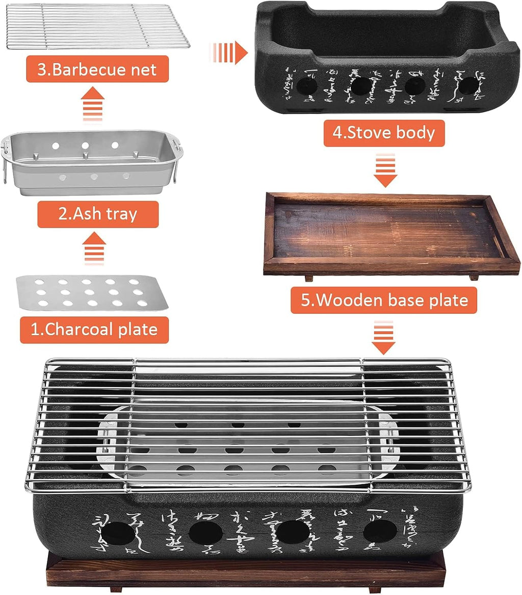 Japanese Style Charcoal BBQ Grill, Portable Rectangle Tabletop Barbecue Stove with Wire Grill Rack, Quick Heating Grill for Camping, Picnic, Patio and Home Use (XL)