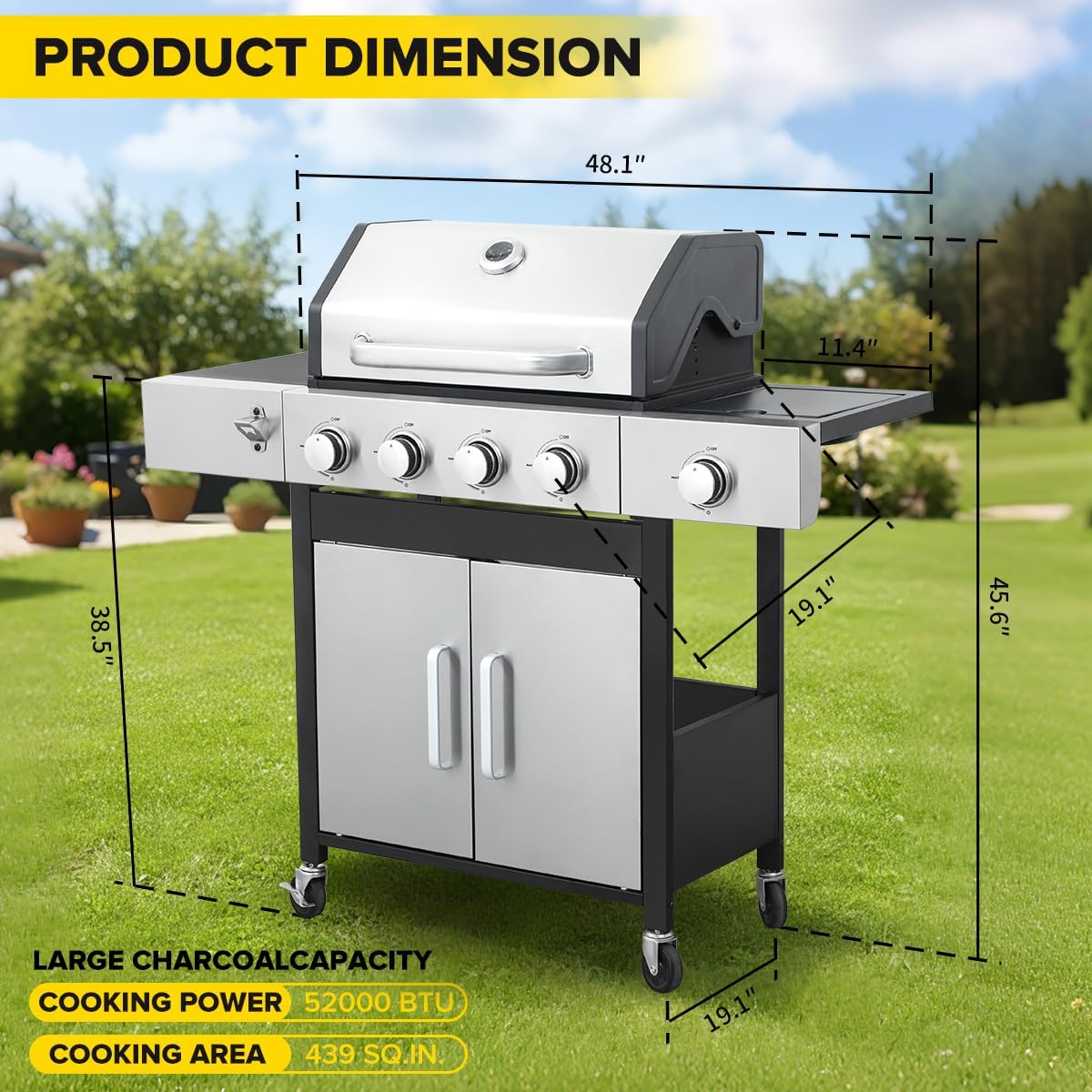 CiG Garden 4 Burner Propane Gas Grill with Side Burner, 52,000 BTU BBQ Grill with Lid Cast Iron Grates and Double-layer Stainless Steel, Outdoor Barbecue Grill Perfect for Balcony, Backyard, Camping