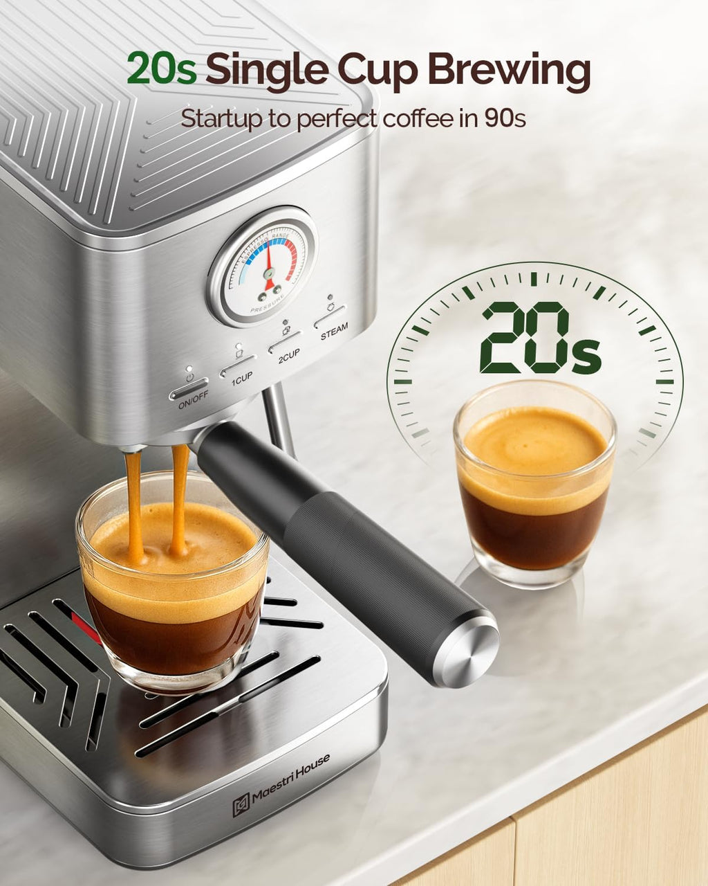 Maestri House Espresso Machines 20 Bar ULKA Pump, Compact Espresso Maker Built-in Flow Meter Steam Milk Frother, 43oz Removable Water Tank Stainless Steel Coffee Machine for Cappuccino (Sliver)