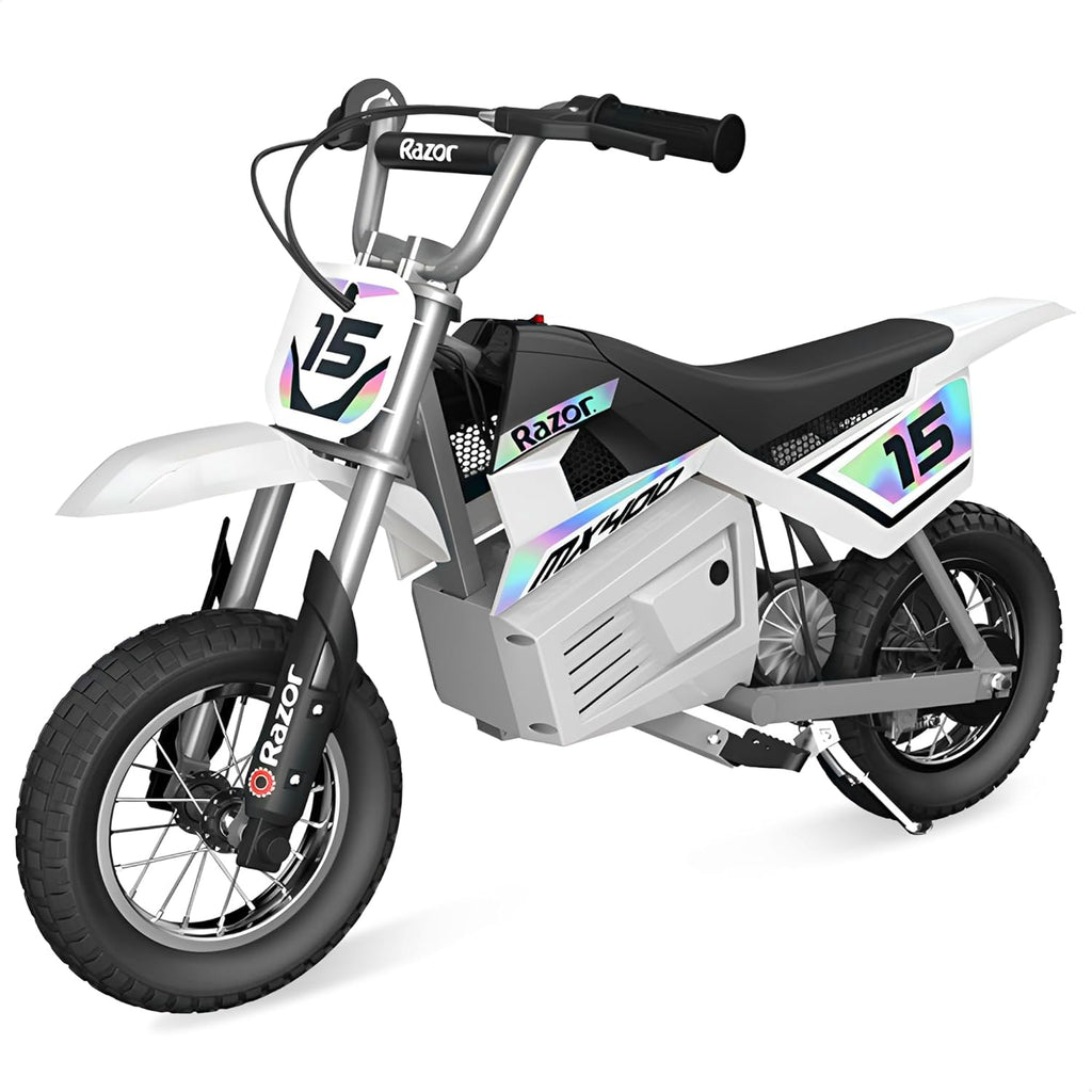 Razor MX400 Dirt Rocket Electric Bike for Kids Ages 8+, 140 lb Max Weight, White – 24V Battery, Up to 14 Mph, 30-Min Ride Time on High Speed, Twist-Grip Throttle, Spoked Wheels w/ 12' Pneumatic Tires