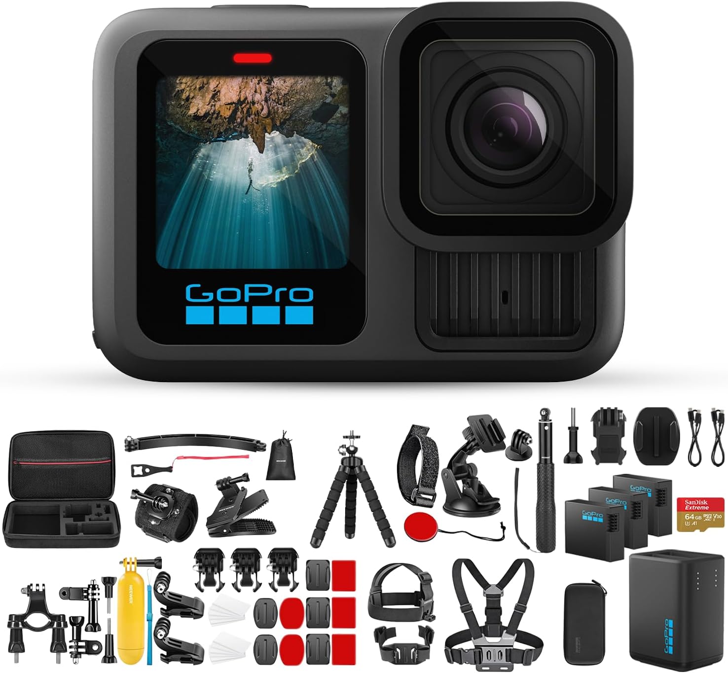 GoPro HERO13 Black Camera | Waterproof 5.3K60 Video Action Camera with 3 Spare Enduro Batteries, Dual-Battery Charger, 64GB Extreme SD Card, Case, and 50-in-1 Camera Accessory Kit - Bundle Set
