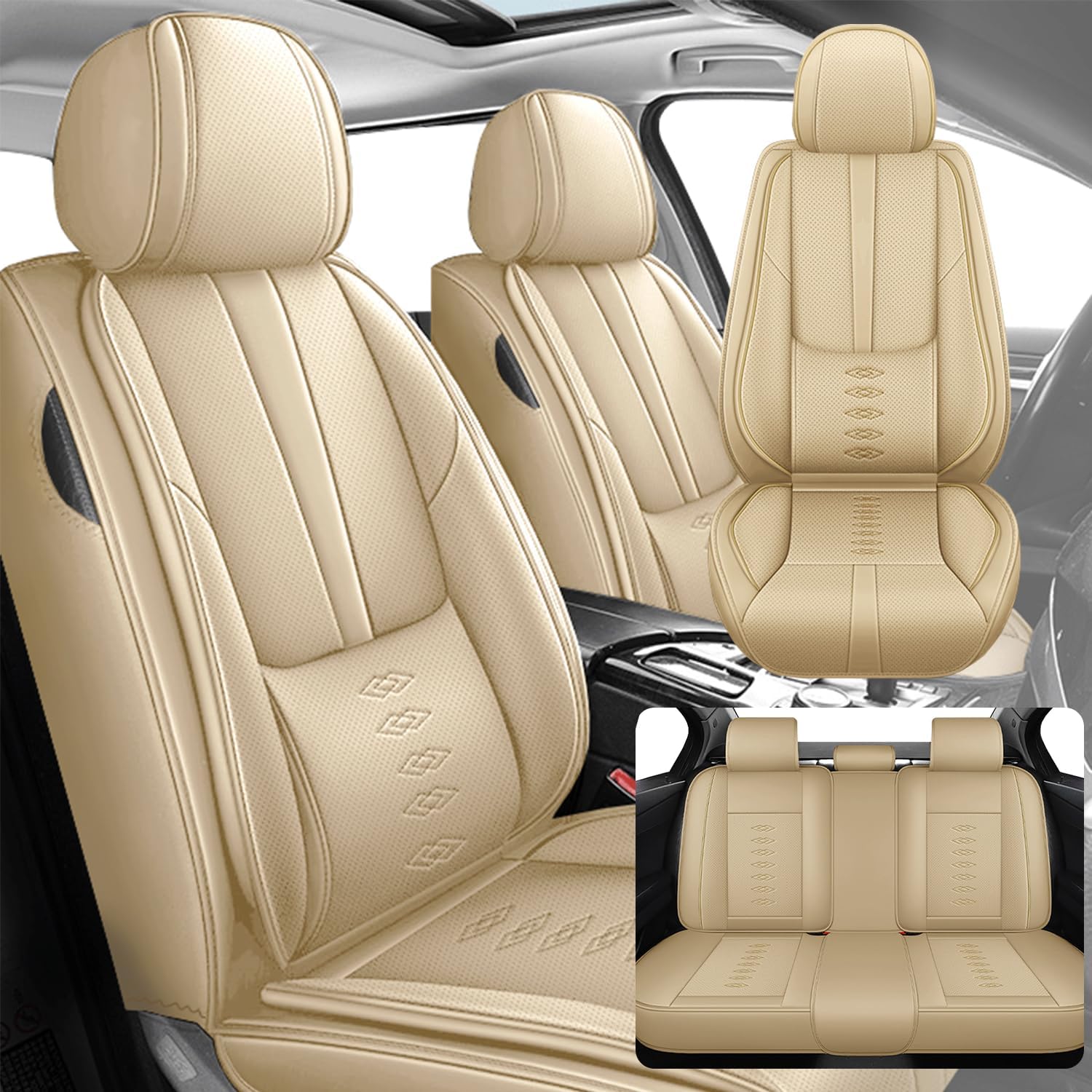 Car Seat Covers 5 Seats Fit for Mitsubishi Montero 1999-2005,Waterproof Leather Seat Covers,Airbag Compatible,Car Seat Protectors Interior Sets(Full Set,Beige)