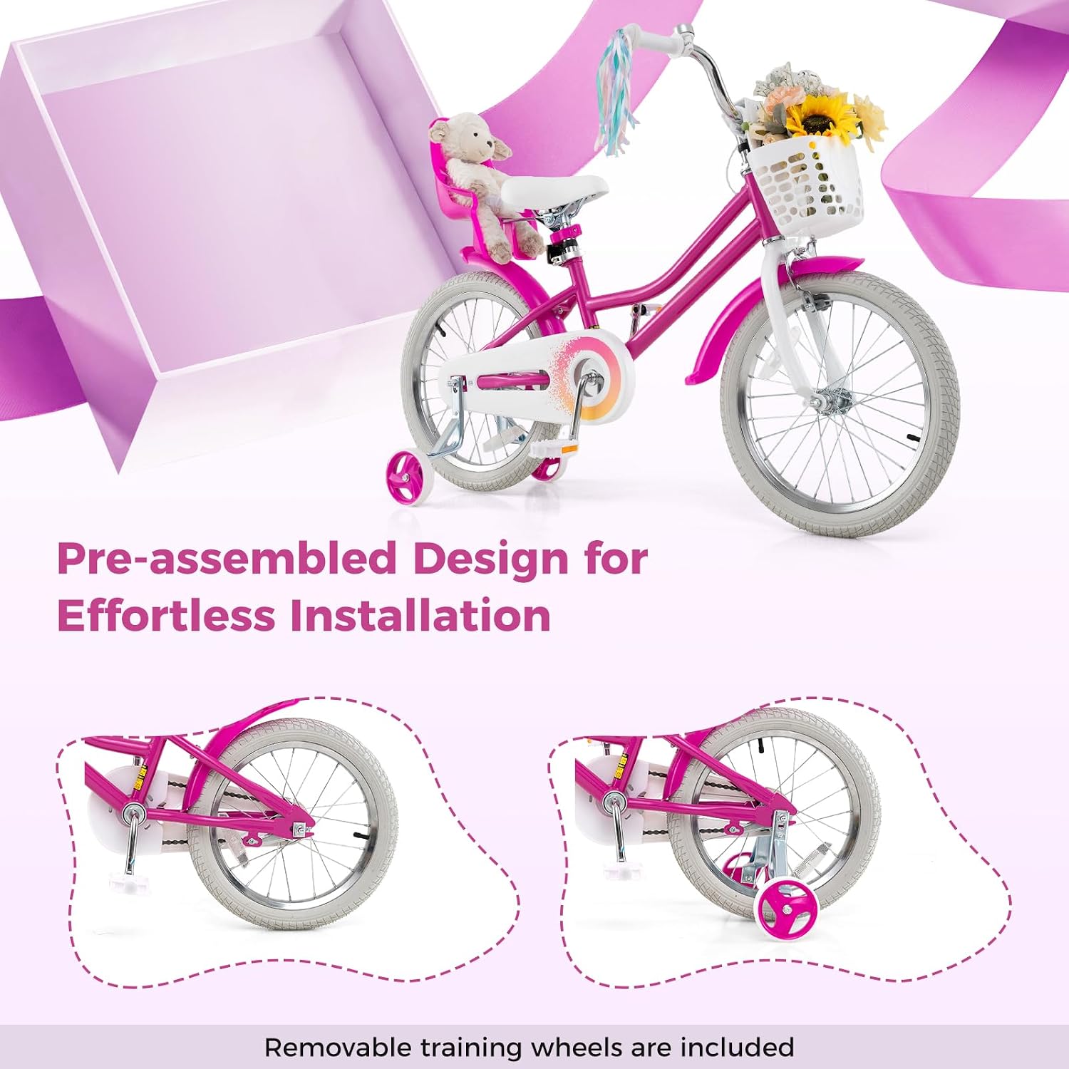 BABY JOY Kids Bike, 12 14 16 18 20 Inch Girls Bike w/Detachable Training Wheels or Kickstand, Storage Basket, Adjustable Seat & Handlebar, Bow or Streamer, Children Bicycle for 3-8 Years Old
