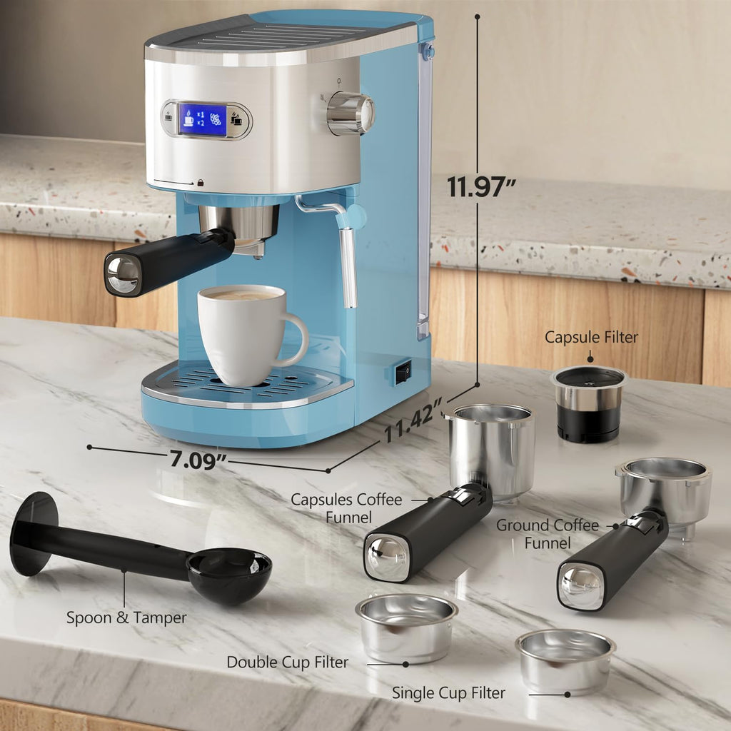20 Bar Espresso Machine Semi-Automatic, Professional Coffee Maker with Milk Frother Steam Wand & 45OZ Removable Water Tank, Home Barista System for Cappuccino, Latte, Americano-Stainless Steel-Blue