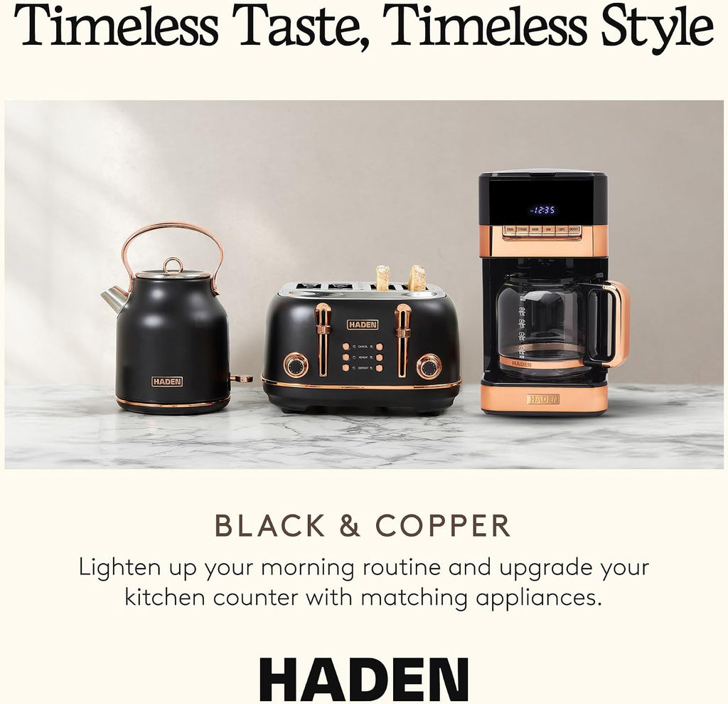 HADEN Quintessential 12 Cup Brew Coffee Maker, 120 Min Keep Warm, Delay Brew, Adjustable Strength, Programmable Clock, 30s Anti Drip, Black/Copper