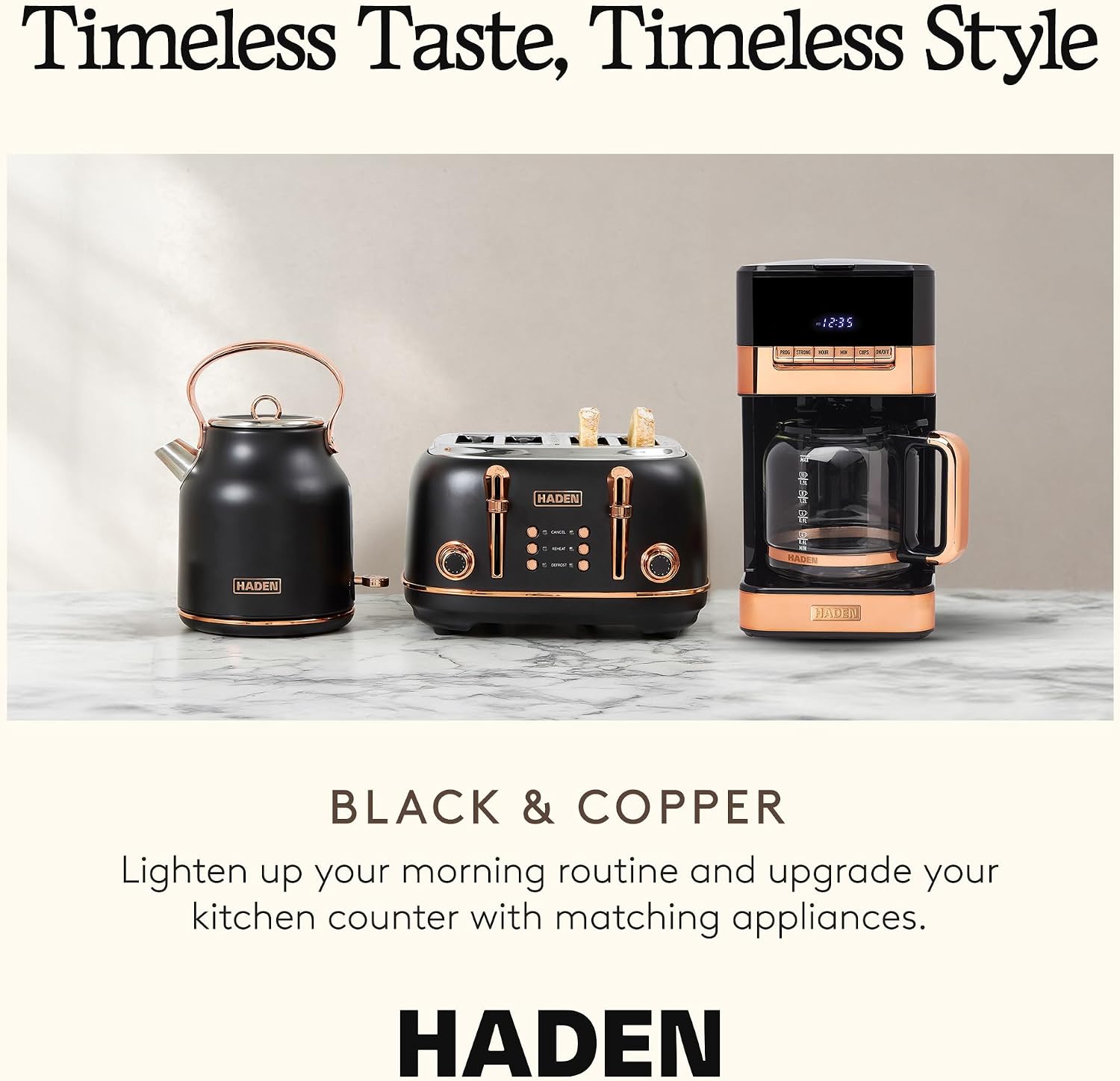 HADEN Quintessential 12 Cup Brew Coffee Maker, 120 Min Keep Warm, Delay Brew, Adjustable Strength, Programmable Clock, 30s Anti Drip, Black/Copper