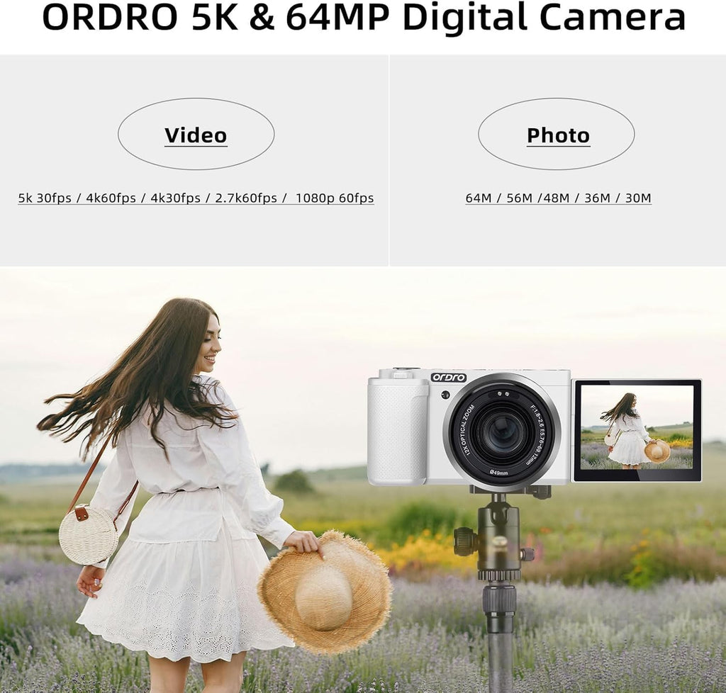 ORDRO 5K Digital Camera for Photography, 12X Optical Zoom Vlogging Camera for YouTube with 3.2' IPS Touch Flip Screen, WDR, Night Vision; Bunble Kit 64GB Card + Mic+ Flex Tripod