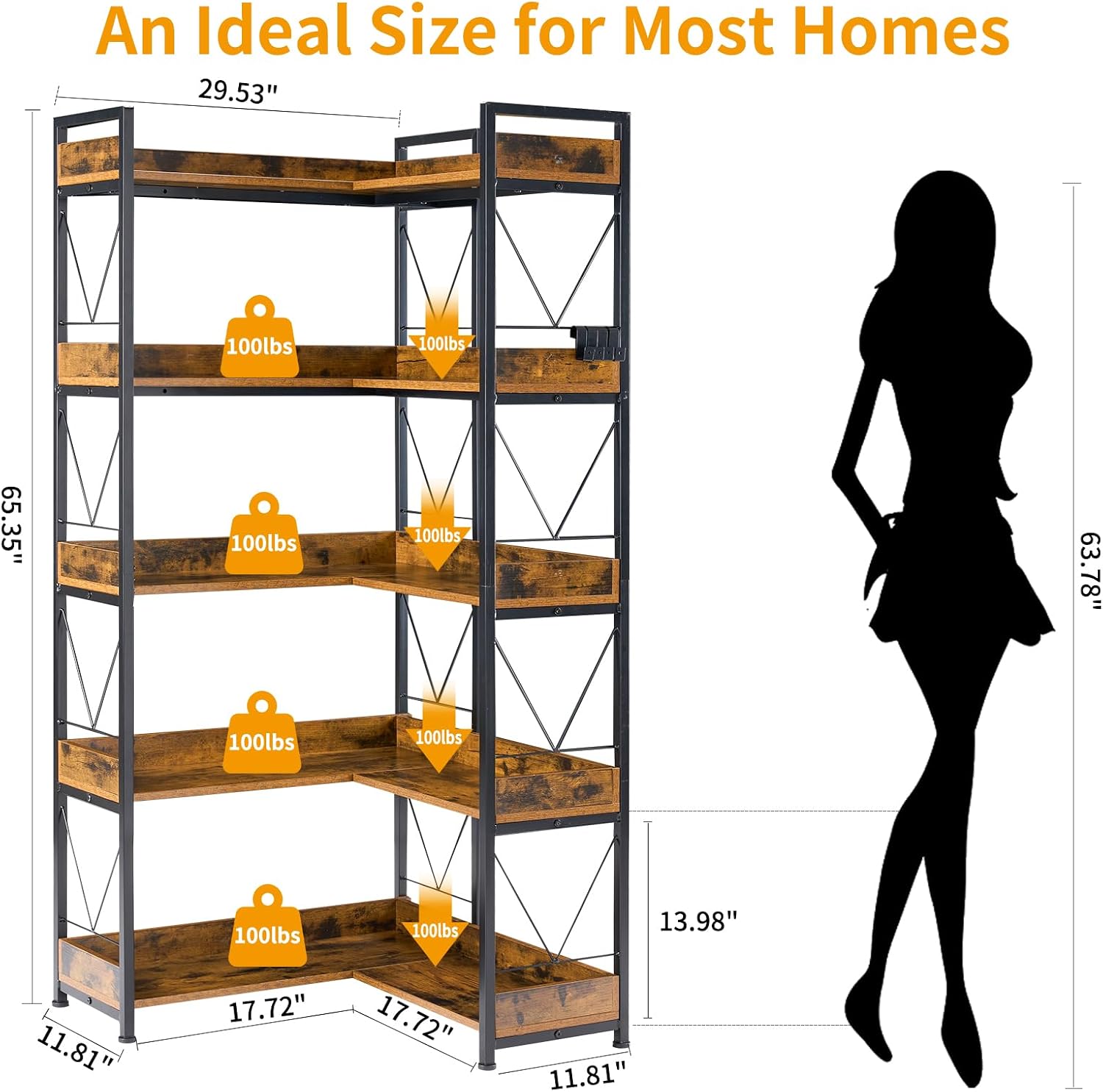 DUMOS 65 inch L Shaped Bookshelf, 5 Tier Corner Bookcase with Hooks and Edge, Industrial Pantry Shelves with Metal Frame, Wooden Open Storage for Living Room, Home Office, Bedroom, Rustic Brown