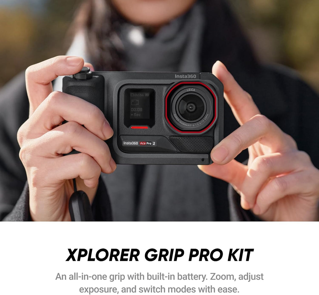 Insta360 Ace Pro 2 Xplorer Pro Bundle - 8K Waterproof Action Camera Co-Engineered with Leica, 1/1.3' Sensor, Dual AI Chip, Leading Low Light, Xplorer Grip Pro Kit for Street Photography