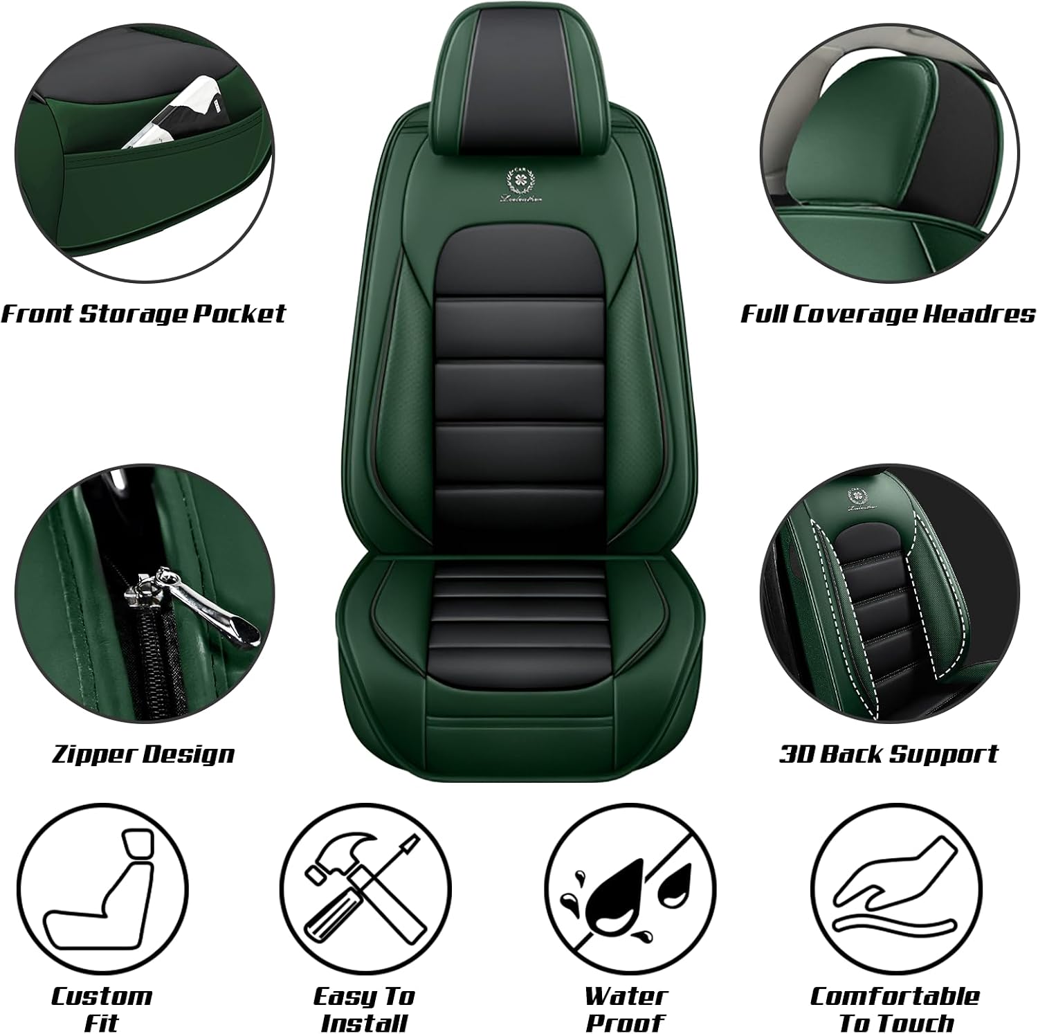 Car Seat Covers for Chevrolet Chevy Avalanche 2007-2013, Leather Auto Seat Cover Luxury Cushions Waterproof Seat Protectors (Black&Green,Front Set)