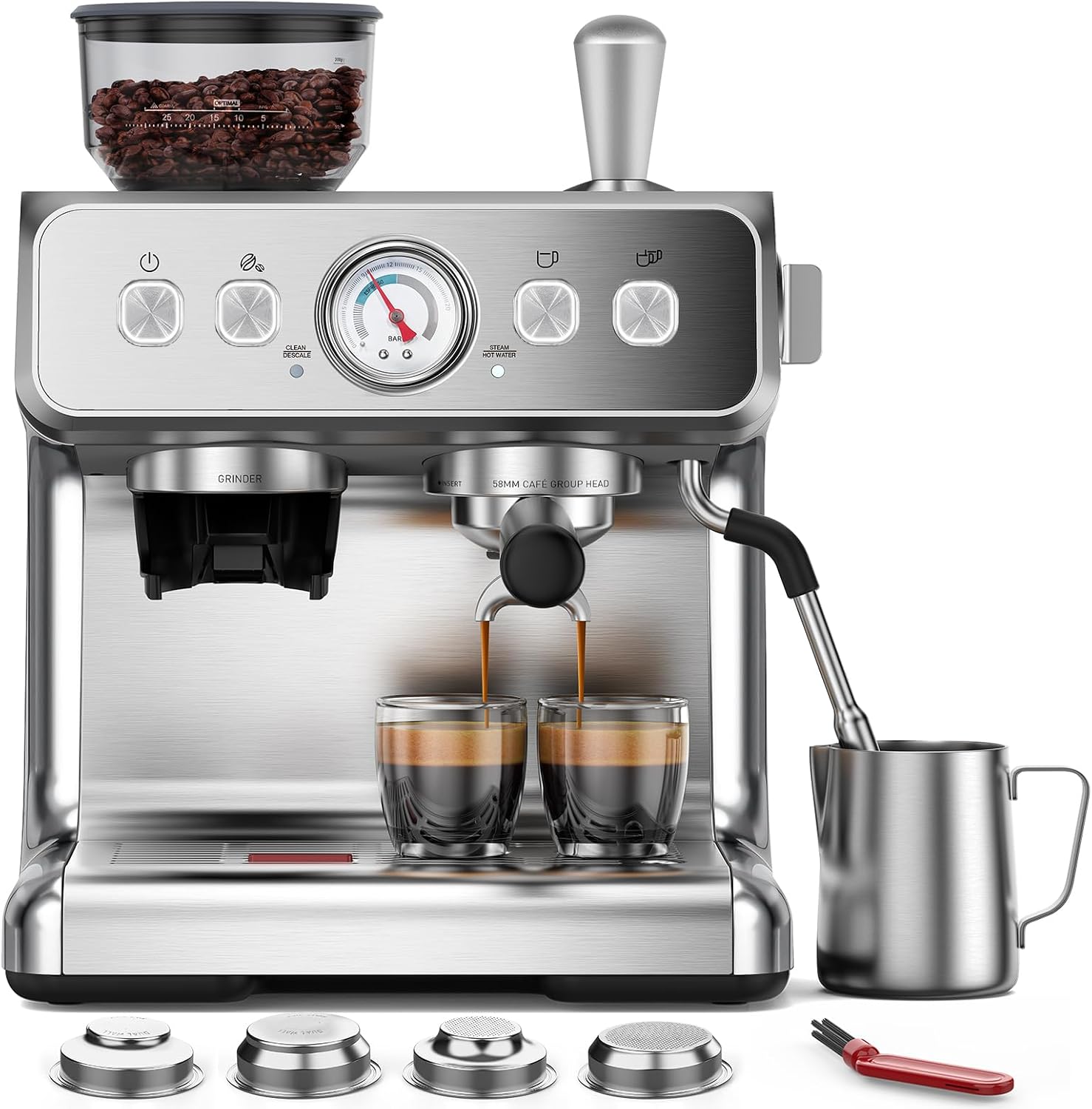 Electactic 15 Bar Espresso Machine with Grinder & Milk Frother, 58mm Expresso Coffee machines, Stainless Steel Coffee Maker for Cappuccino and Latte, Perfect for Home and Café Use-Dual Boiler