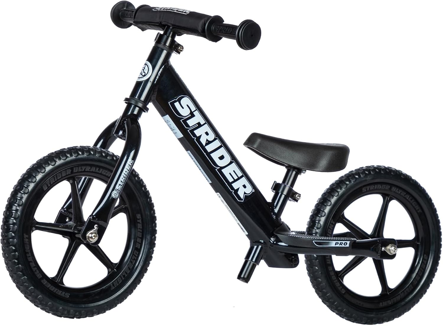 Strider 12' Pro Bike, No Pedal Balance Bicycle for Kids 1 to 4 Years - Includes Safety Pad, Padded Seat, Mini Grips & Flat-Free Tires - Tool Free