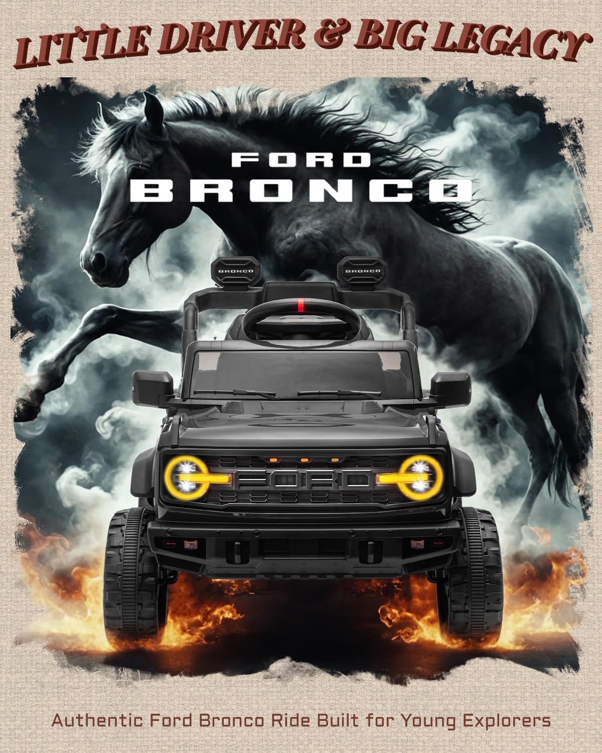 First Ride On 12V Ride on Toys for Kids, Licensed Ford Bronco Raptor Children Electric Vehicles, Toddler Battery Powered Car with Double Doors, 3 Point Safety Belt, Led Lights (12V, Black)