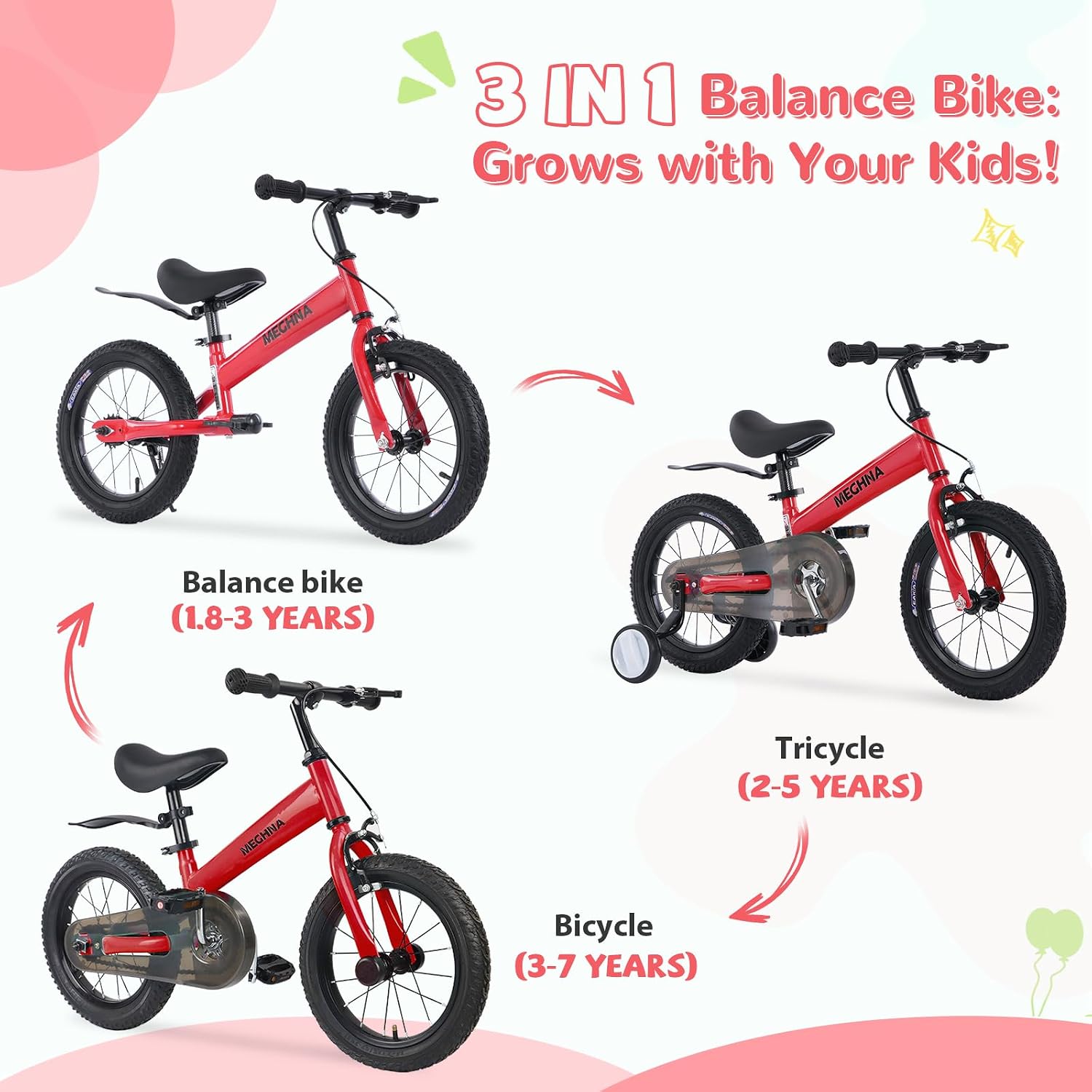 3-in-1 Montessori Balance Bike,Tri-Purpose of Kids Balance Bikes and Toddler Tricycles/Bikes，for 2 3 4 5 6 7 Years Old-14 inch Balance Bike with Training Theory, Pedal Kit, Training Wheels,Brakes