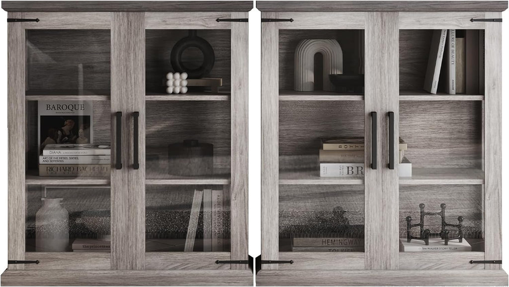 BELLEZE Set of 2 Glass Display Cabinet, 36' Tall Cabinet with Shelves and Glass Doors for Entryway, Living Room, Hallway, or Kitchen - Ashford (Gray Wash)