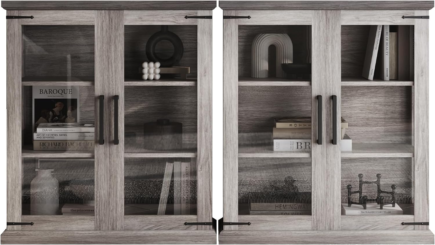 BELLEZE Set of 2 Glass Display Cabinet, 36' Tall Cabinet with Shelves and Glass Doors for Entryway, Living Room, Hallway, or Kitchen - Ashford (Gray Wash)